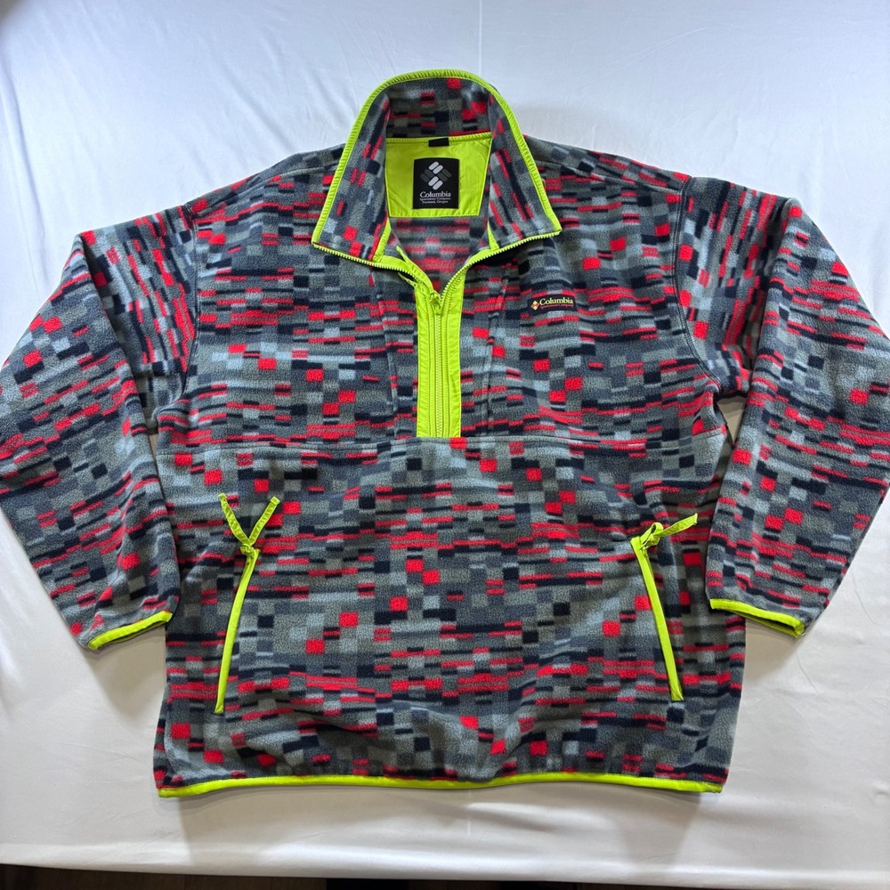 Columbia Mens Half Zip Fleece Pullover Geometric Print Neon Yellow Grey XL Ski